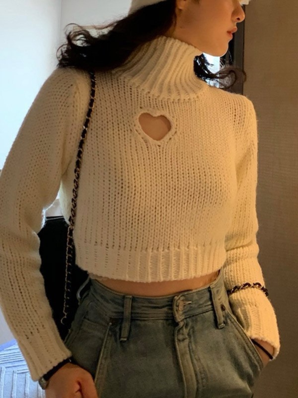 Cropped Cream Heart Cutout Turtleneck Sweater